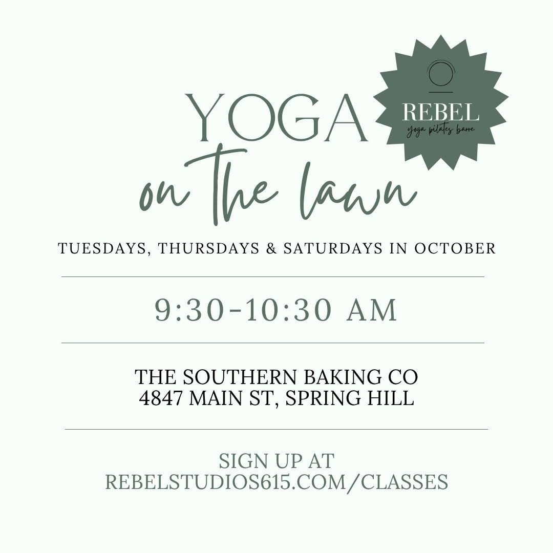 Flyer for Yoga on the Lawn: Tuesdays at The Southern Baking Co.