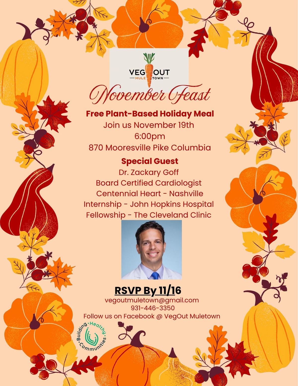 Flyer for VegOut Muletown Wfpb Holiday Feast