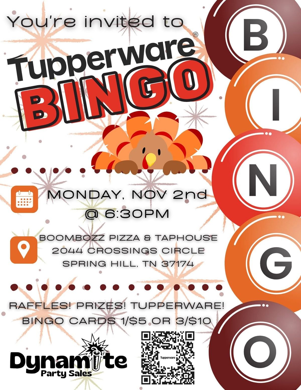 Flyer for Tupperware TN Bingo - November 2nd - Spring Hill, TN!